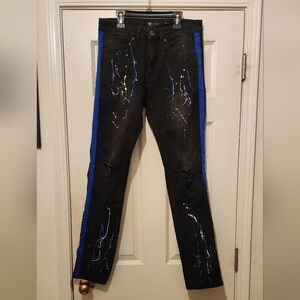 Waimea Skinny Fit Jeans Black w/Blue & White Paint Splatter, Blue Stripe 30x 32